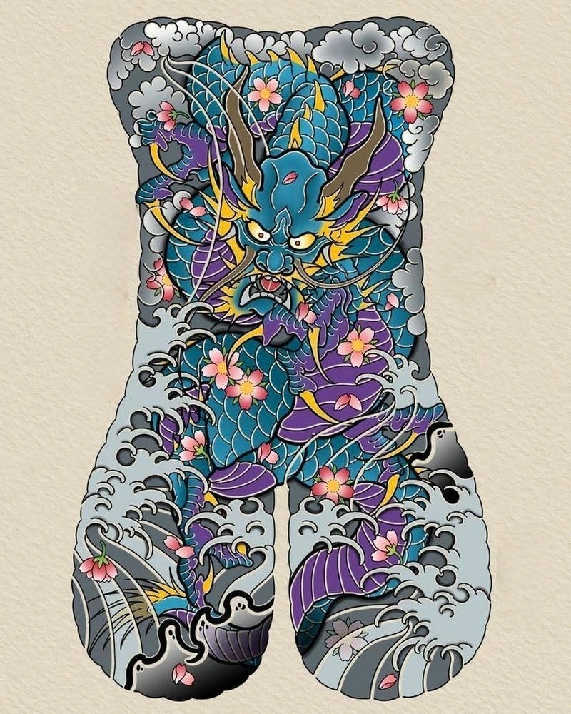 Bố cục sóng nước tạo chiều sâu cho tattoo yakuza