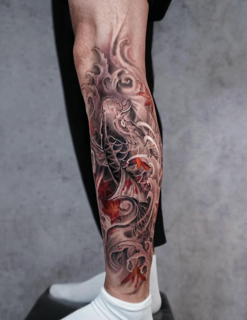 Hình ảnh tattoo cá chép Nhật cổ chuyển động xoáy nước mạnh