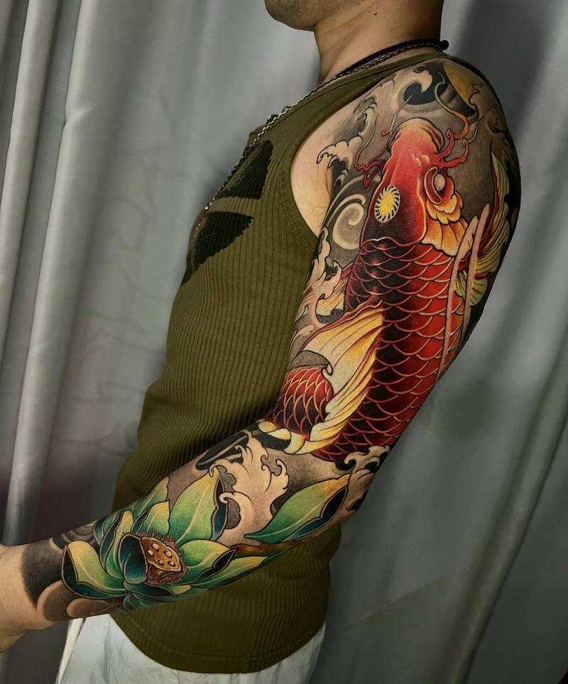Hình ảnh tattoo cá chép Nhật cổ phối cảnh cổ xưa Nhật