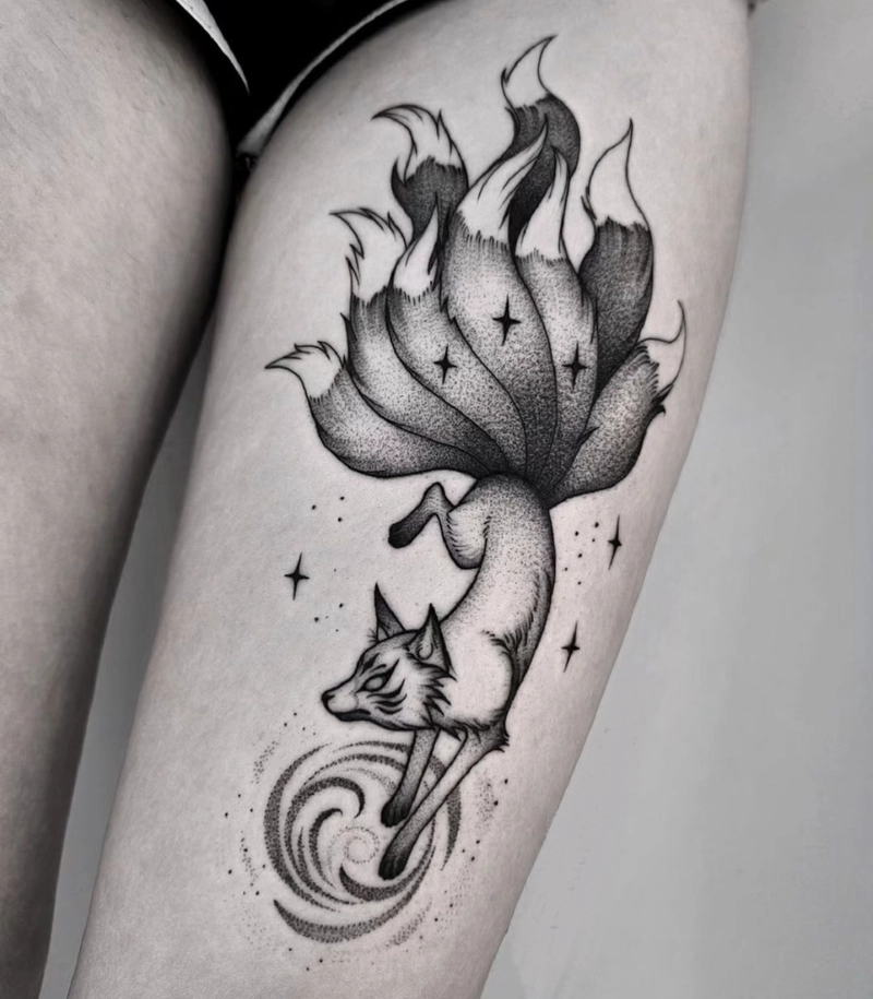 Hình tattoo cáo 9 đuôi huyền ảo