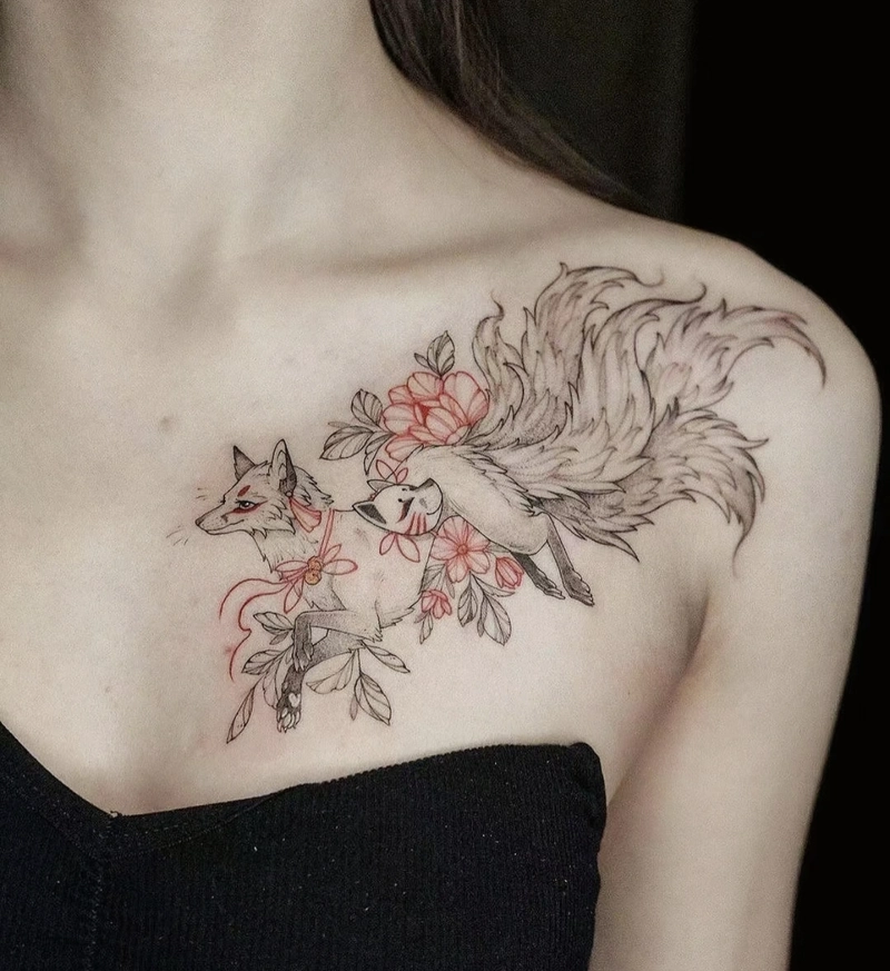 Hình tattoo cáo 9 đuôi mang phong cách cổ trang