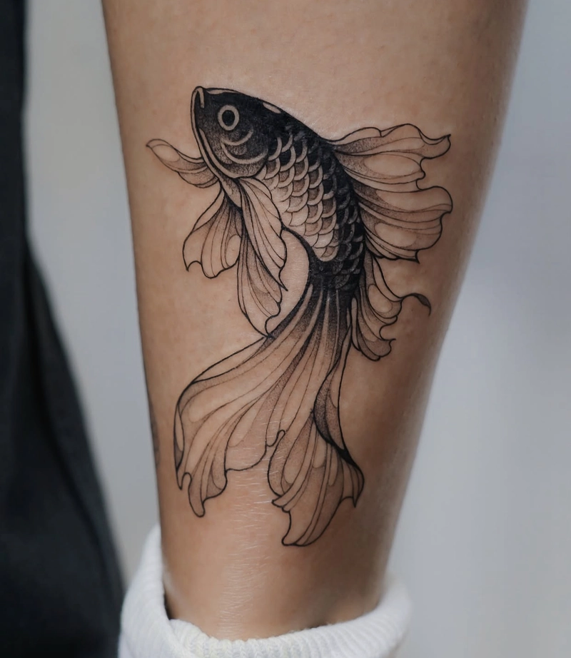 Hình tattoo con cá cuốn hút ở chân