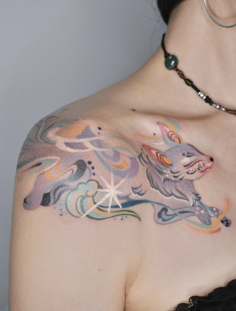 Hình tattoo con cáo nghệ thuật phối nhiều màu