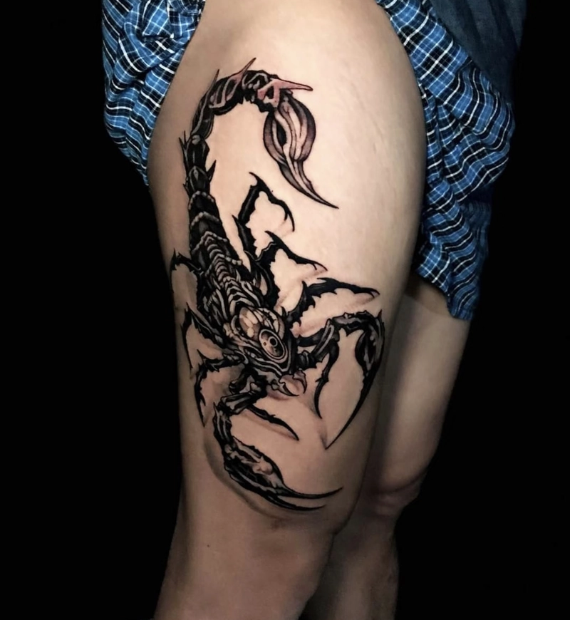 Hình xăm bọ cạp to đùng ở đùi