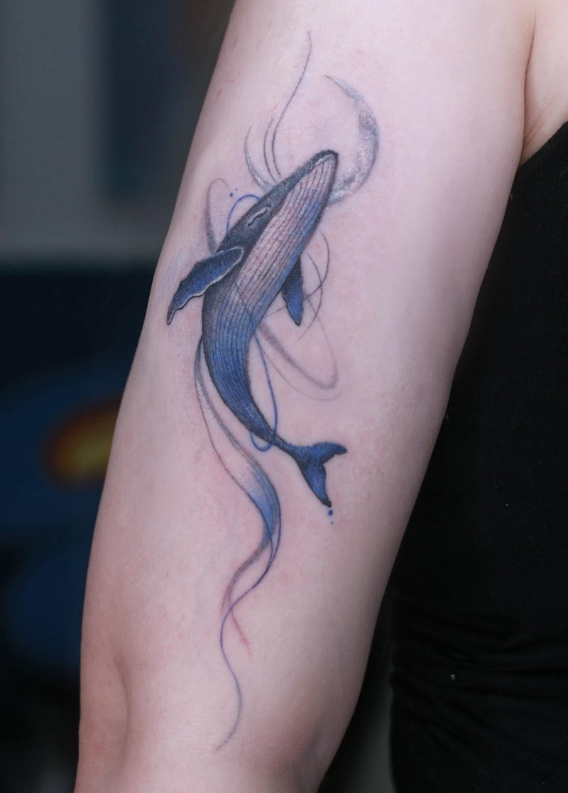 Hình xăm cá voi màu xanh ở bắp tay cực đẹp