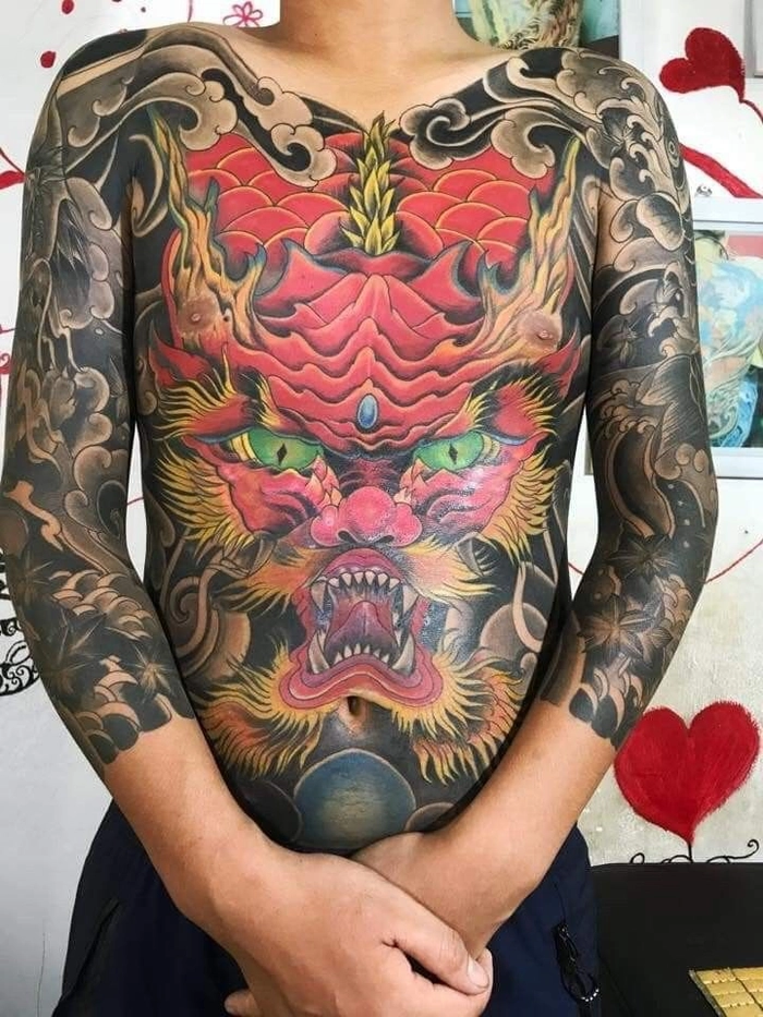 Hình xăm đầu rồng full bụng đường nét dứt khoát ấn tượng