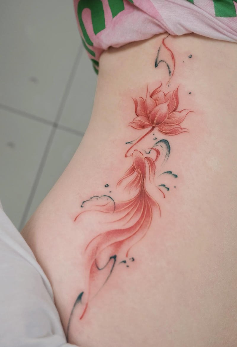 Mẫu hình xăm cá chép hoa sen thanh khiết nhẹ nhàng