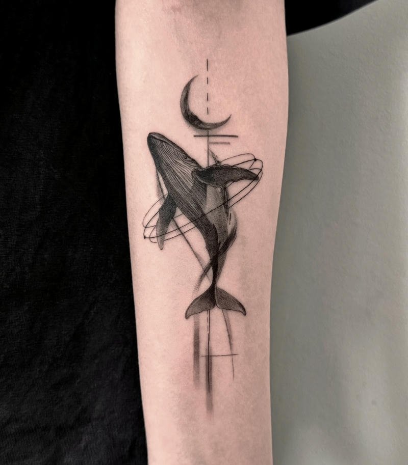 Mẫu hình xăm cá voi phối trăng sao lãng mạn