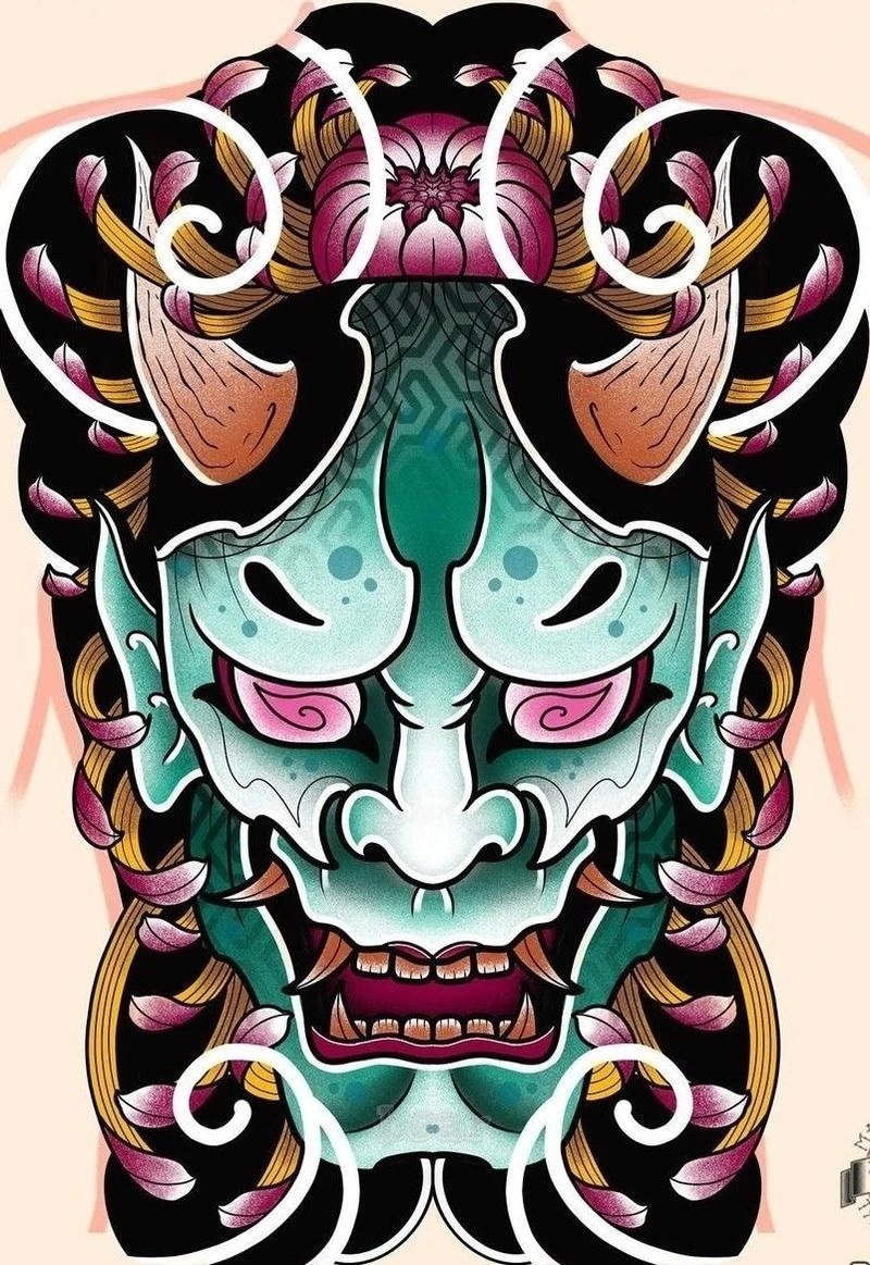 Mẫu hình xăm nhật đẹp với mặt nạ oni cá tính