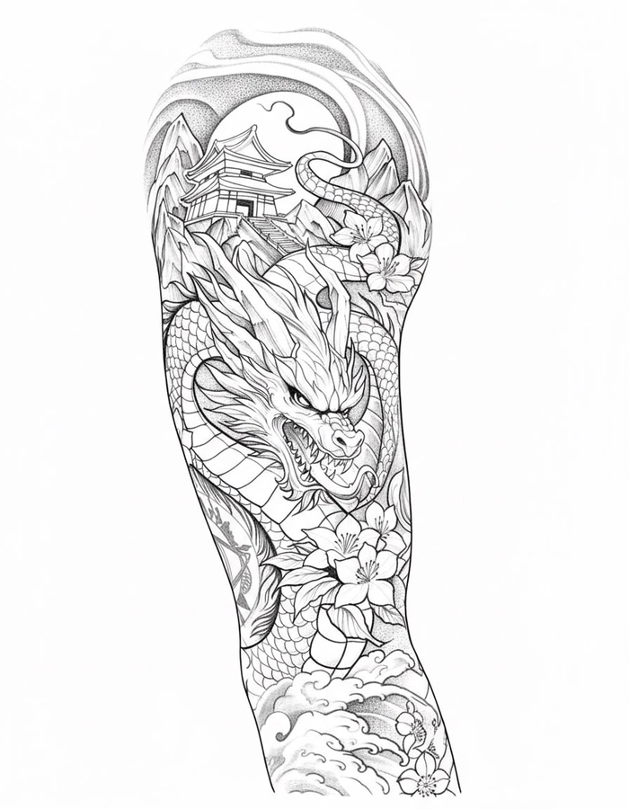 Phác họa đầu rồng tattoo đường nét dứt khoát ấn tượng