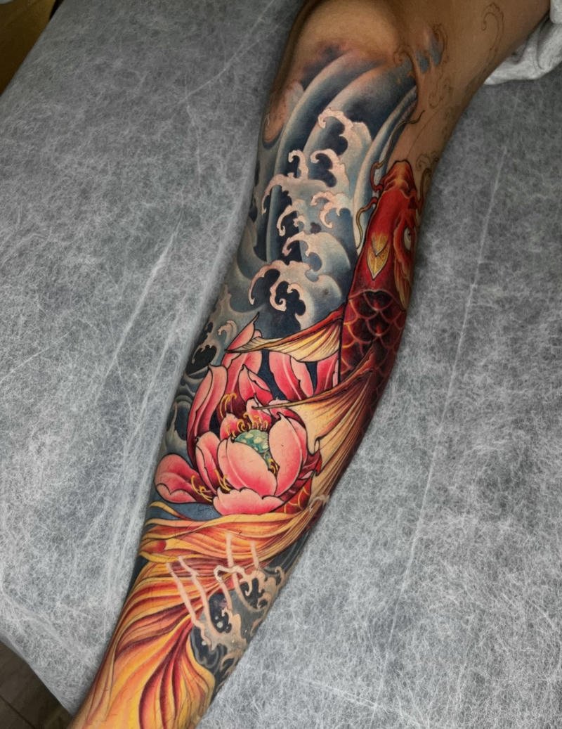 Xăm hình cá chép Nhật cổ bố cục kín chân