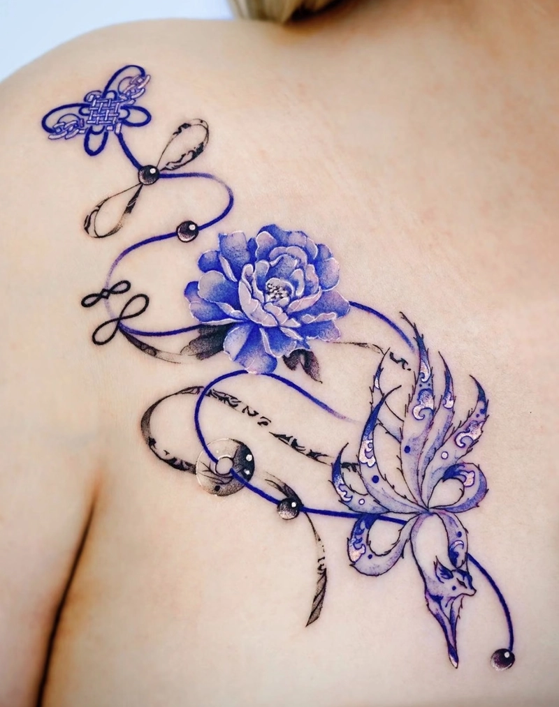 Xăm hình cáo 9 đuôi nghệ thuật sáng tạo hoa hồng