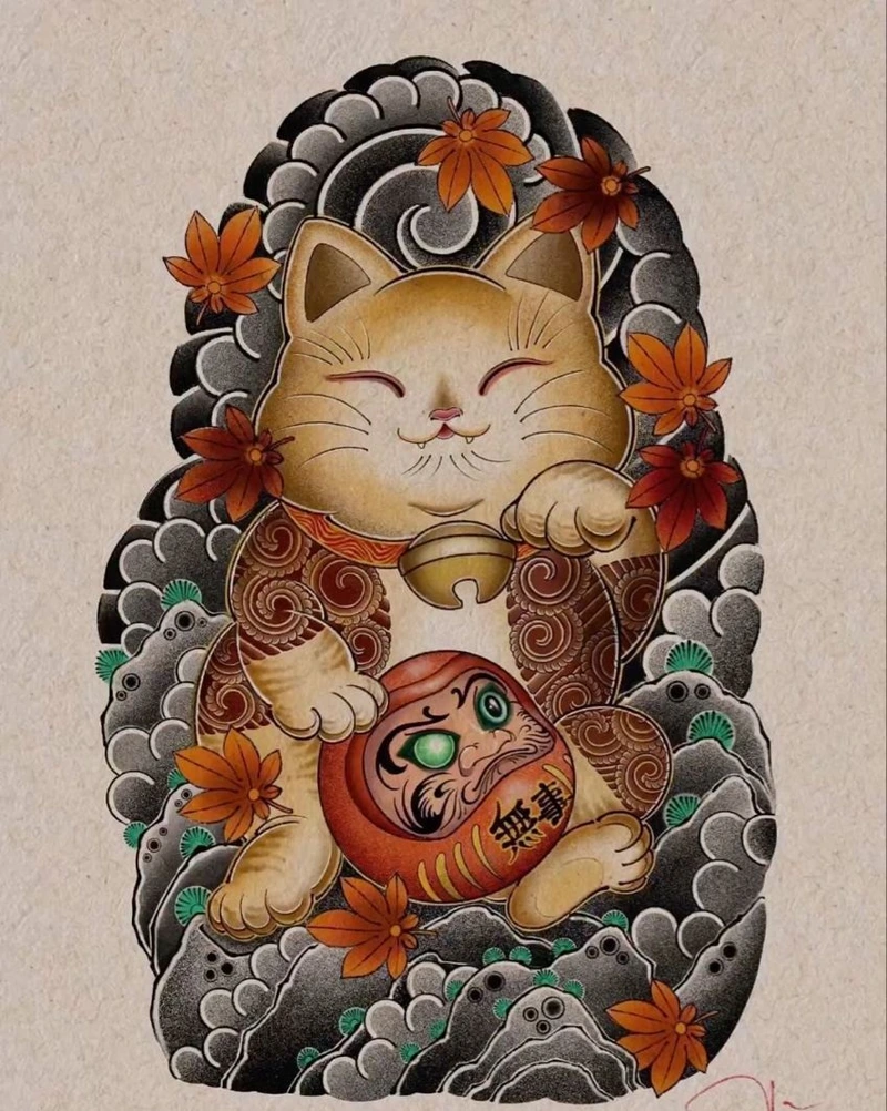 Ảnh Hình xăm mèo may mắn nhật cổ dành người thích tattoo Nhật