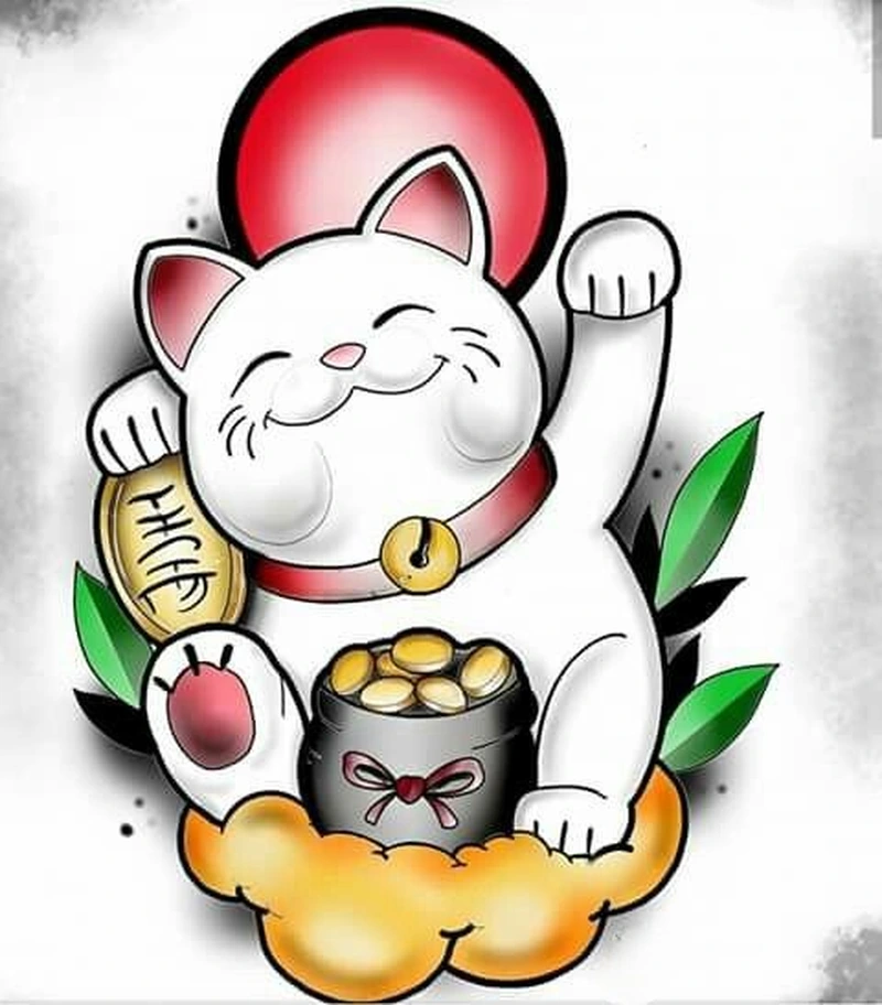Ảnh Tattoo mèo thần tài cùng họa tiết sóng nước cực kỳ nổi bật
