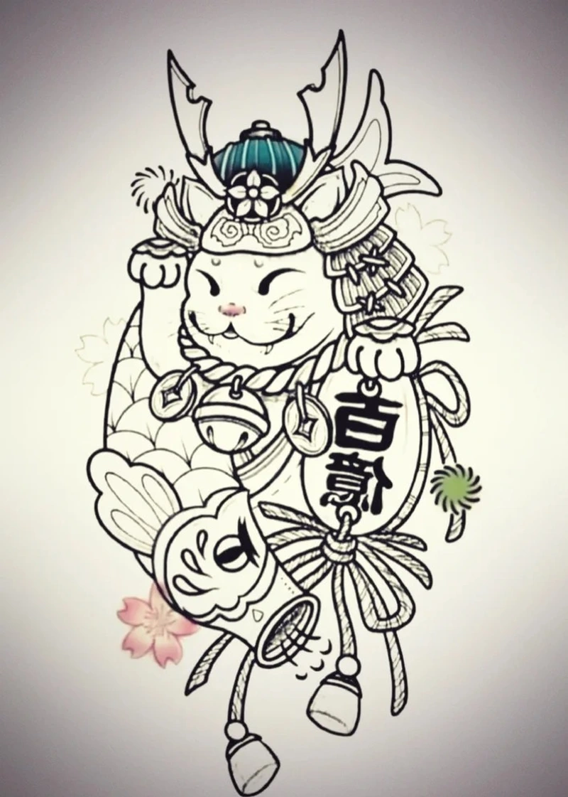 Ảnh Tattoo mèo thần tài với họa tiết quạt Nhật đầy nghệ thuật