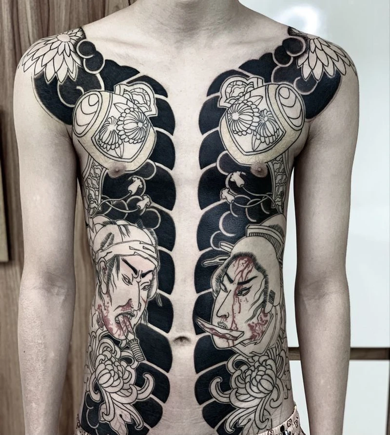 Ảnh mẫu tattoo nhật cổ full trước với nét mực sắc nét