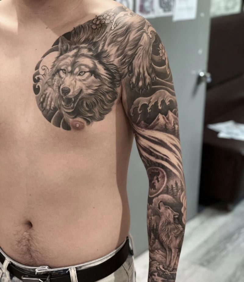 Ảnh xăm sói rừng núi nghệ thuật nam đẹp