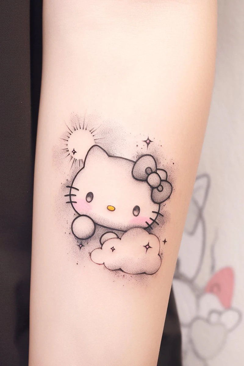 Đường nét tattoo Hello Kitty mini hợp kiểu xăm tối giản hiện đại