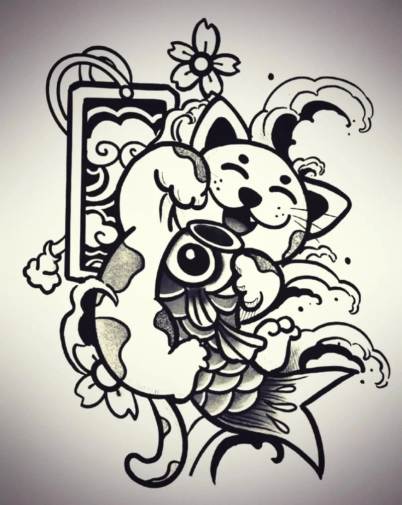 Hình ảnh Tattoo mèo nhật cổ với bố cục kín tay cực ấn tượng