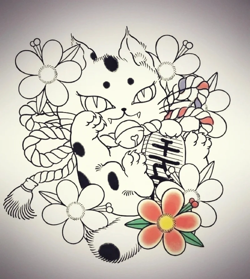 Hình ảnh Tattoo mèo thần tài cùng hoa anh đào mang vẻ truyền thống