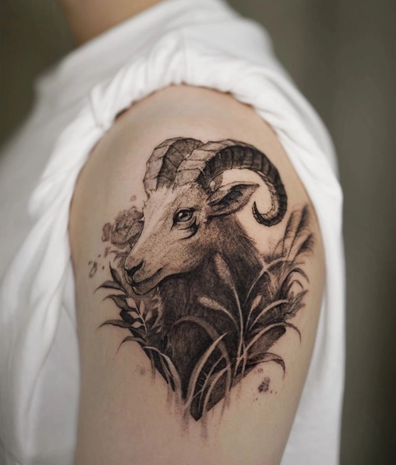Hình ảnh tattoo con dê và hoa lá