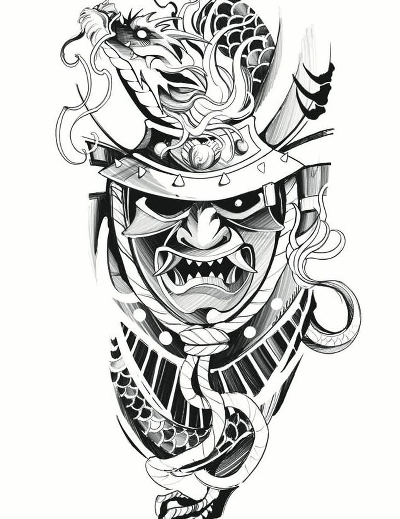 Hình ảnh tattoo nhật cổ đen trắng với mặt quỷ oni cực chất