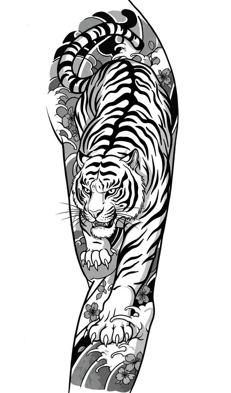 Hình ảnh tattoo nhật cổ trắng đen cùng sóng nước đầy cuốn hút
