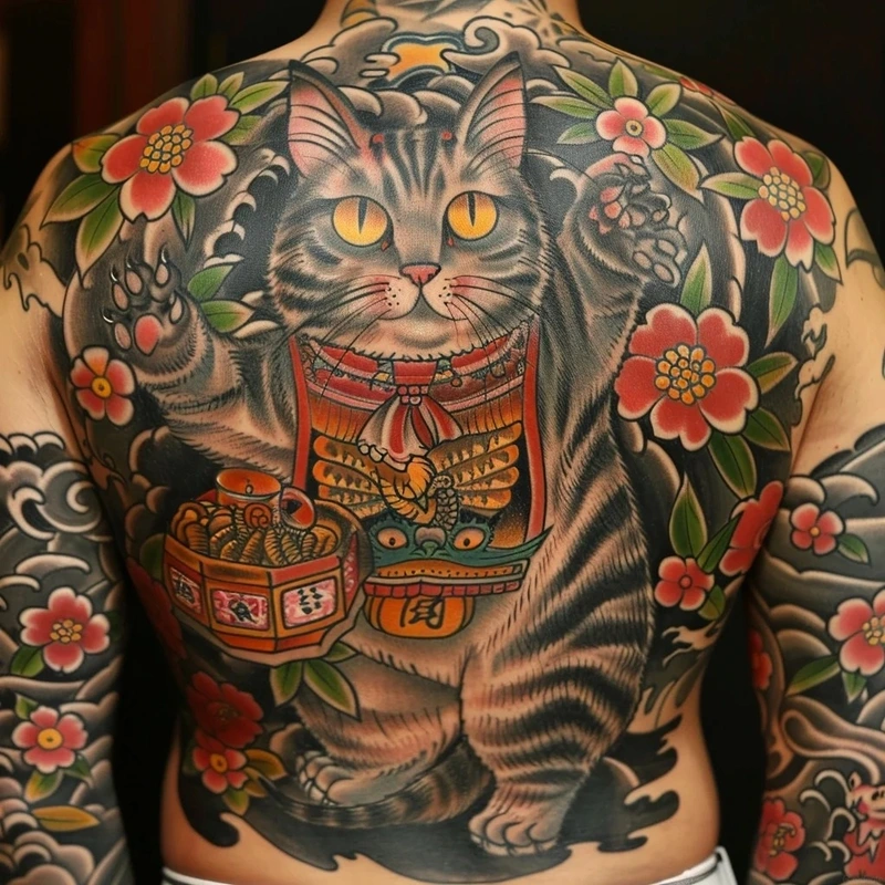 Hình tattoo mèo thần tài cùng hoa mẫu đơn đầy tính nghệ thuật
