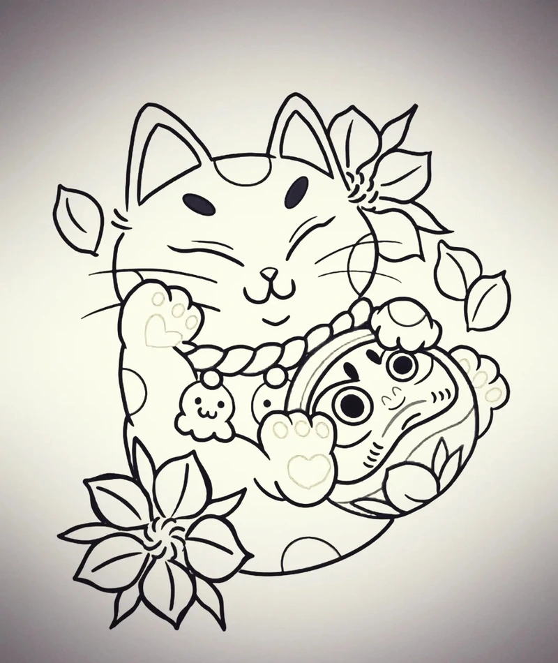 Mẫu mèo thần tài nhật cổ dành cho người thích tattoo truyền thống