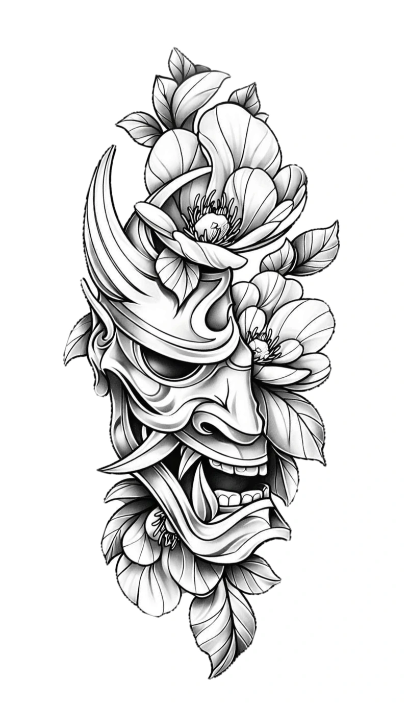Nét tattoo nhật cổ trắng đen với bố cục kín lưng đầy cuốn hút