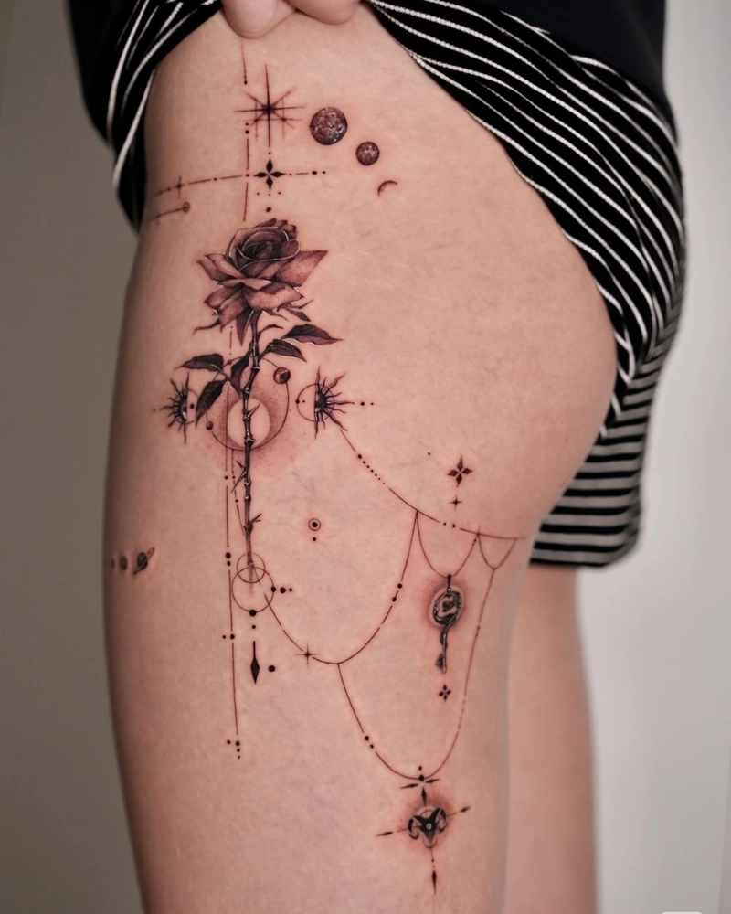 Tattoo đùi nữ mang vibe thời trang trẻ trung nữ tính