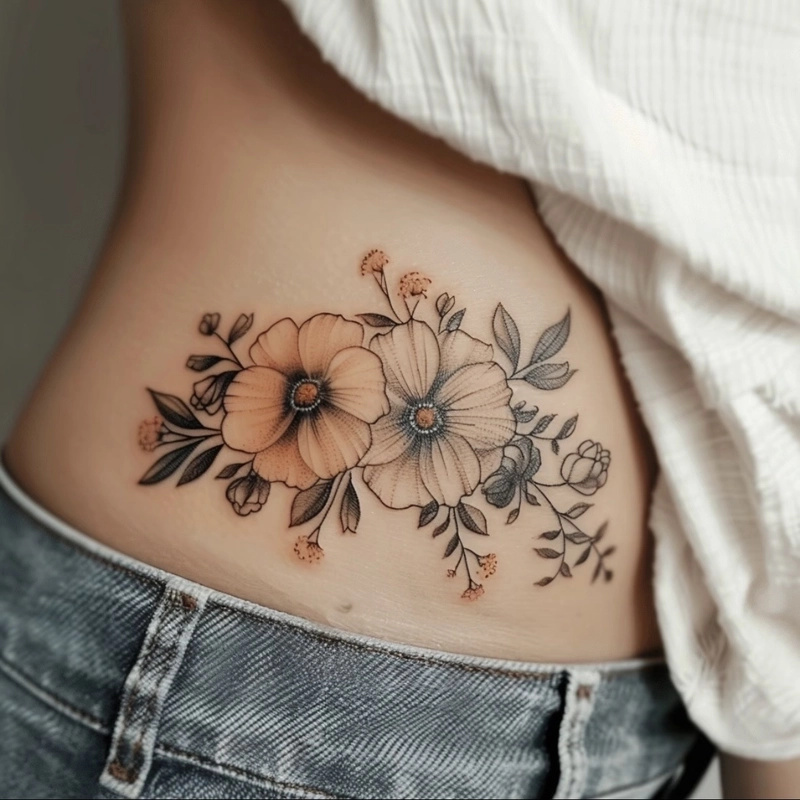 Tattoo hình xăm ở hông eo cho nữ tone tối hiện đại