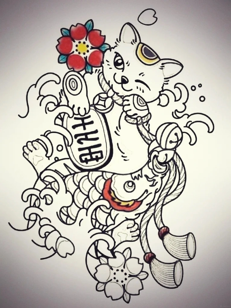 Tattoo mèo thần tài nhật cổ cùng đồng xu vàng mang ý nghĩa tài lộc