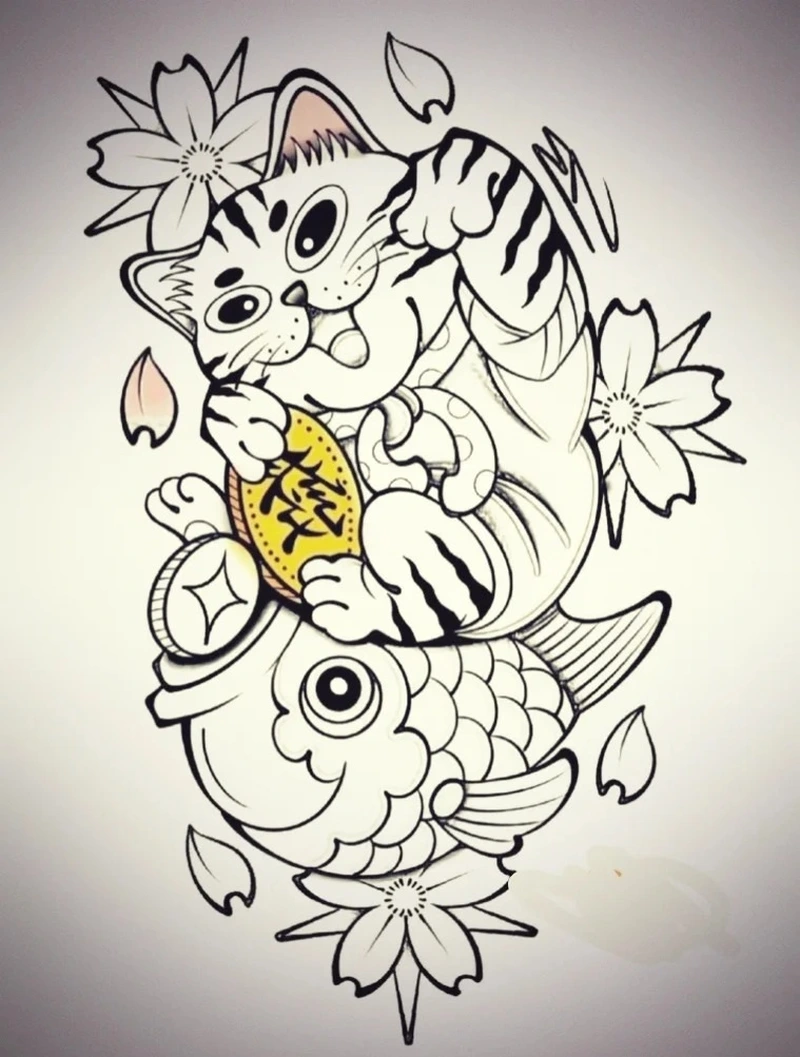Tattoo mèo thần tài nhật cổ với phong thái may mắn đầy nổi bật