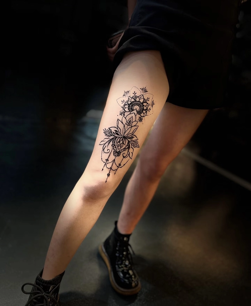 Tattoo nữ đùi tone đen mang vibe lạnh lùng nhẹ