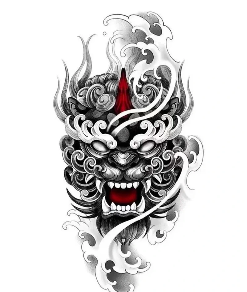 Thiết kế tattoo nhật cổ đen trắng với họa tiết quỷ oni nổi bật