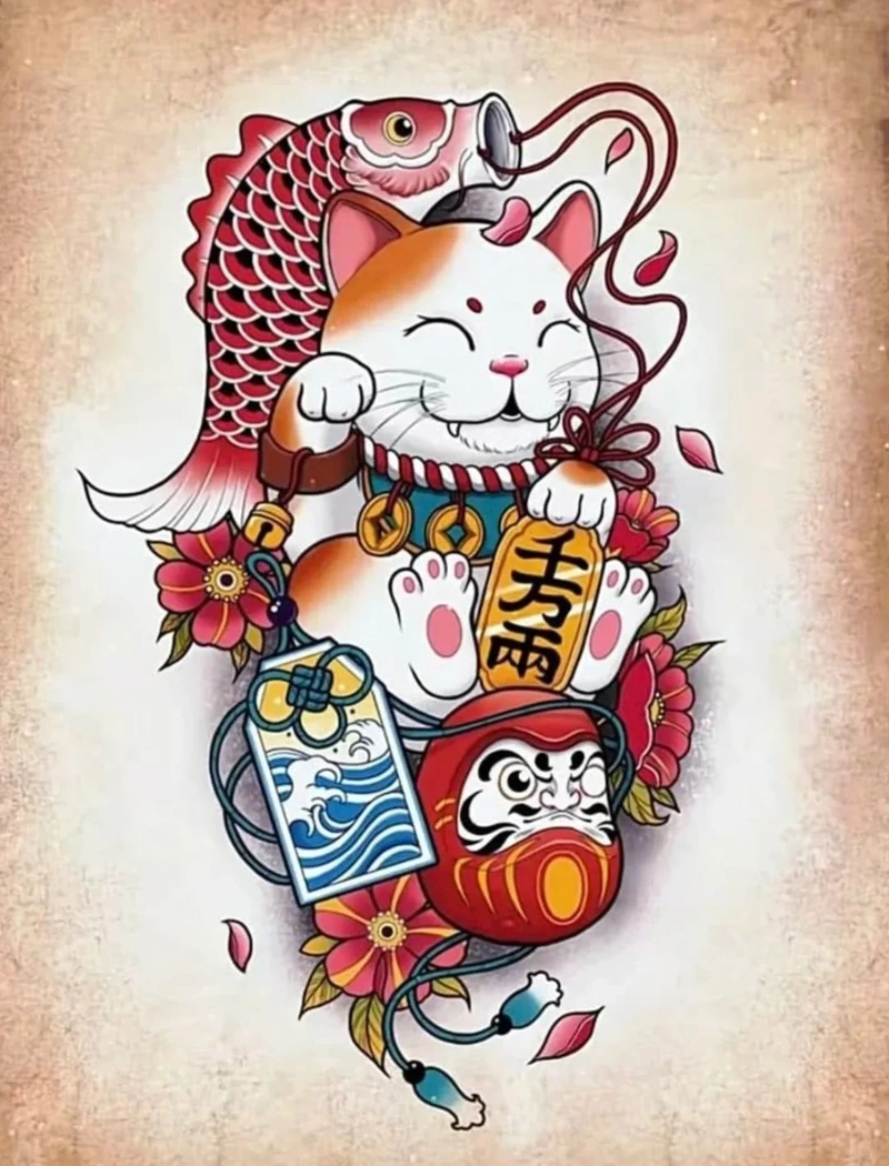 Vẻ đẹp tài lộc của tattoo mèo thần tài với họa tiết đồng xu