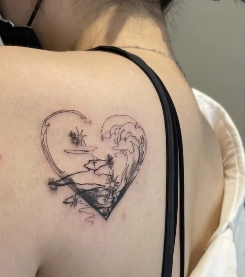 mẫu hình tattoo trái tim mini phối biển