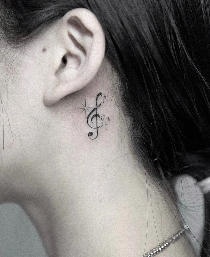 mẫu tattoo nốt nhạc đen basic ngay sau tai