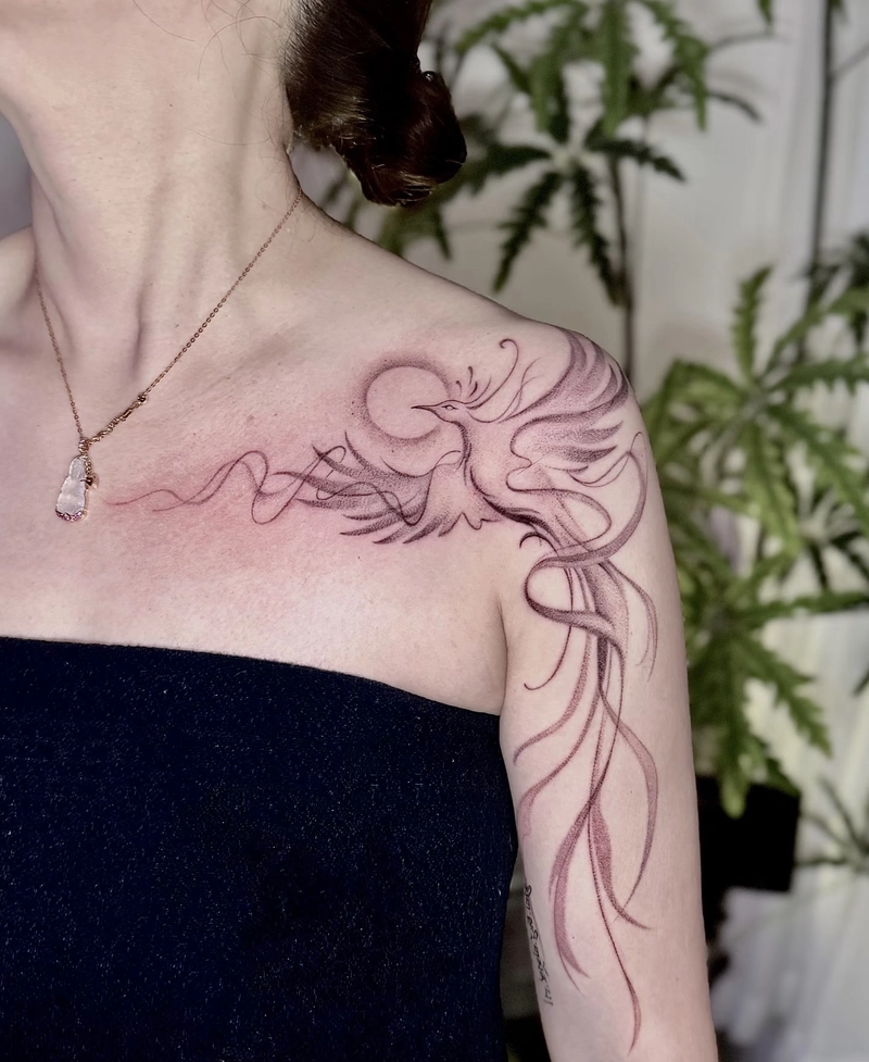 mẫu tattoo phượng hoàng đường nét mảnh