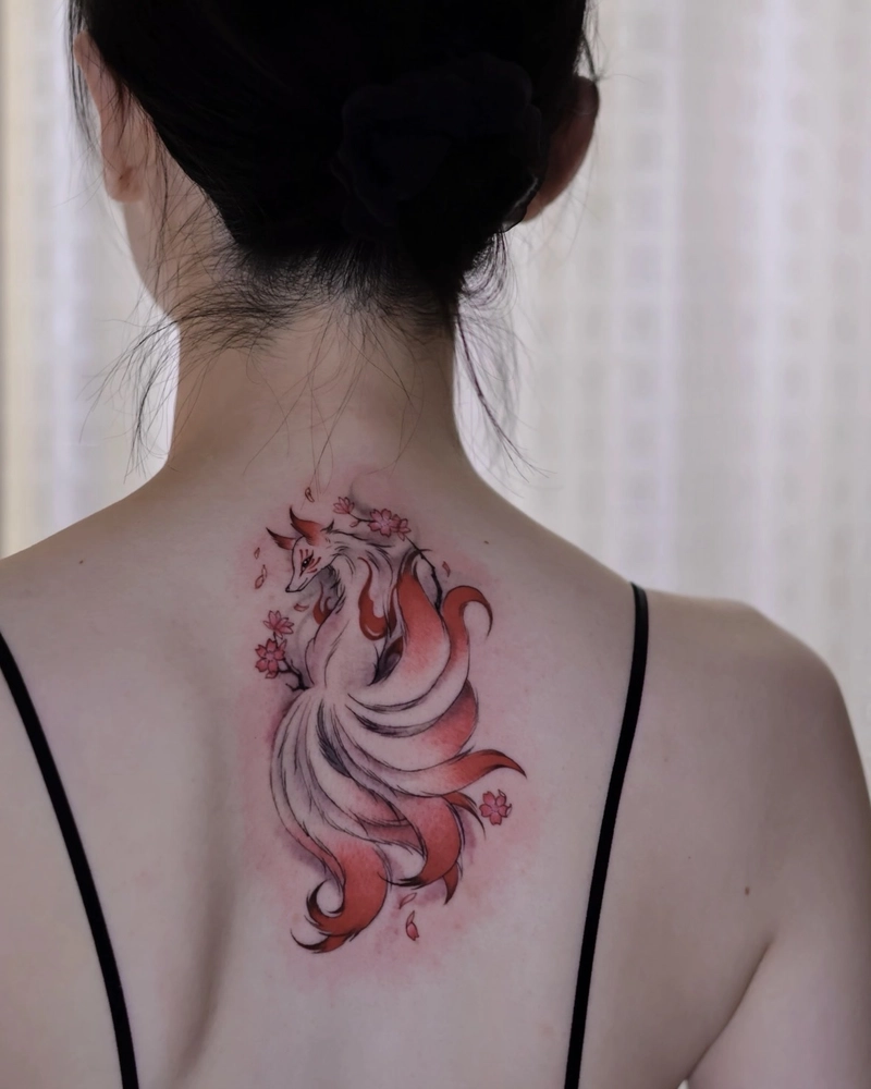 Ảnh hình xăm hồ ly 9 đuôi cho nữ mang nét huyền bí