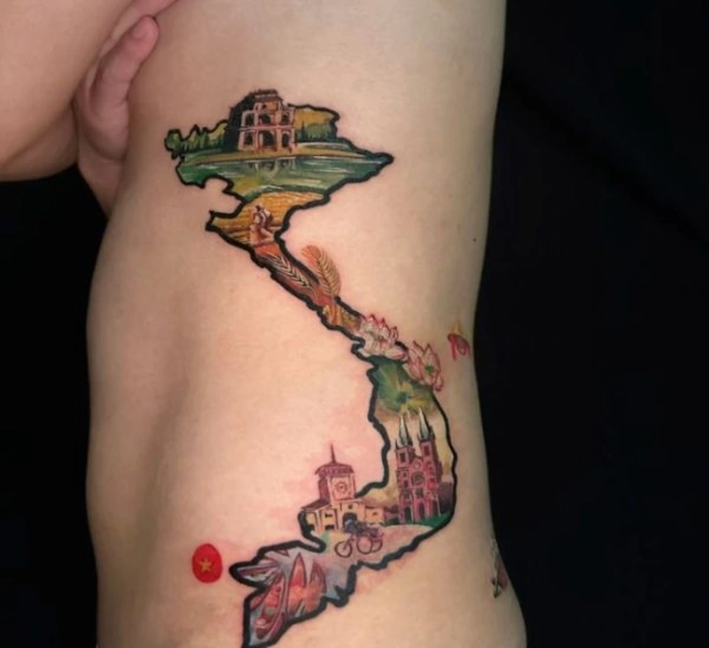 Bản đồ Việt Nam cách điệu trong thiết kế tattoo