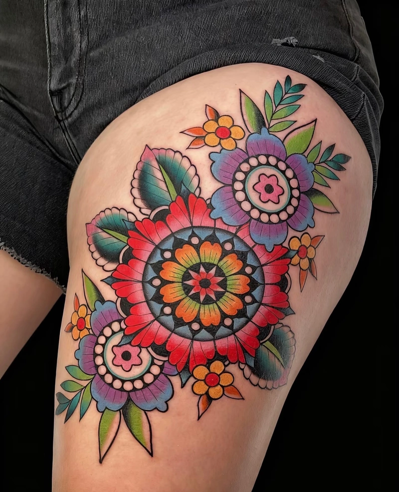 mẫu hình xăm mandala sắc màu rực rỡ ở đùi