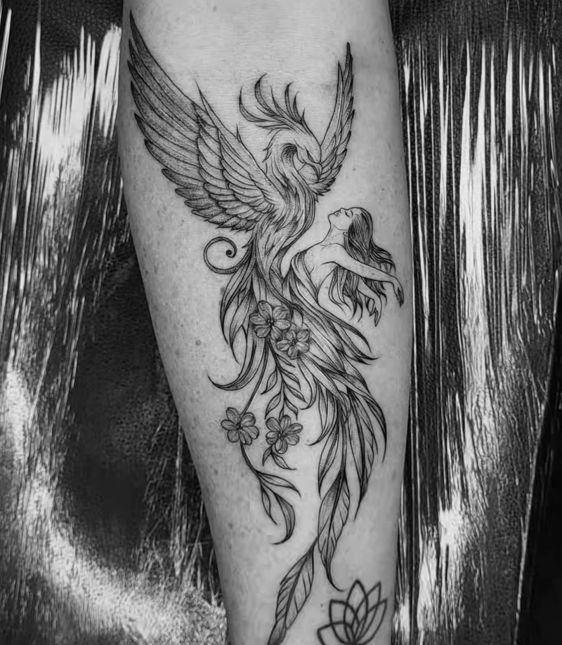 tattoo phượng hoàng đen trắng mang ý nghĩa sức mạnh và tái sinh