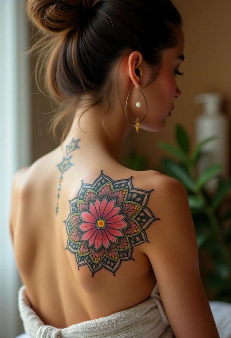 xăm hình mandala cổ điển sau vai