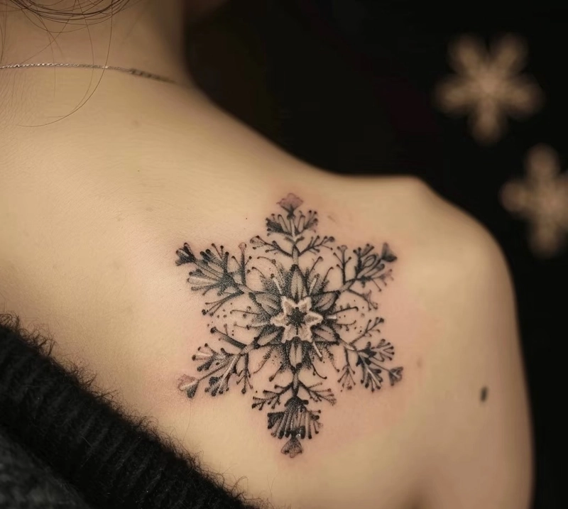 xăm hình mandala hoa văn tuyết trên vai