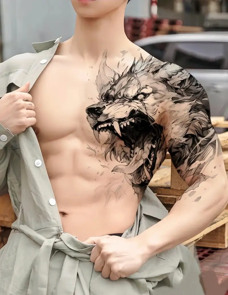 hình xăm đầu sói hoa văn đẹp phong cách